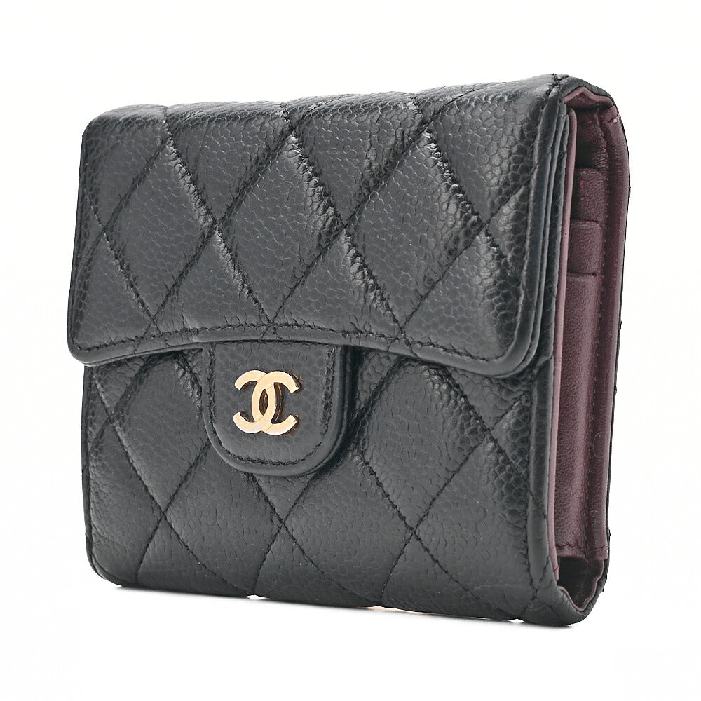 CHANEL Chanel Matelasse Tri-Fold Long Wallet Caviar Skin Black Gold-Tone Hardware, Pre-Owned
