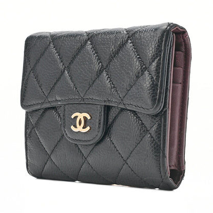 CHANEL Chanel Matelasse Tri-Fold Long Wallet Caviar Skin Black Gold-Tone Hardware, Pre-Owned