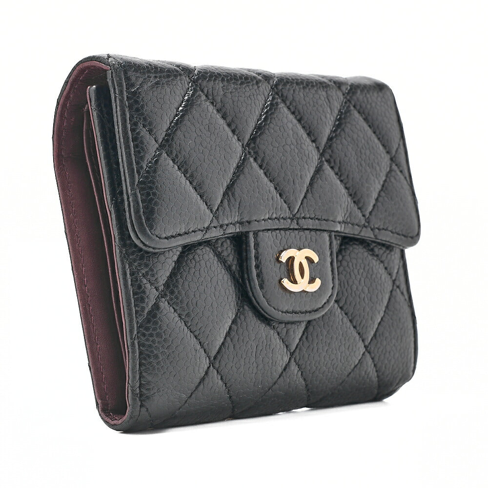 CHANEL Chanel Matelasse Tri-Fold Long Wallet Caviar Skin Black Gold-Tone Hardware, Pre-Owned