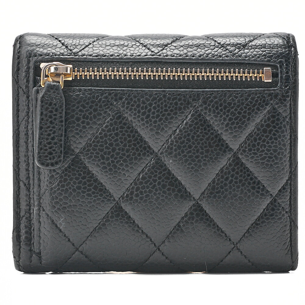 CHANEL Chanel Matelasse Tri-Fold Long Wallet Caviar Skin Black Gold-Tone Hardware, Pre-Owned