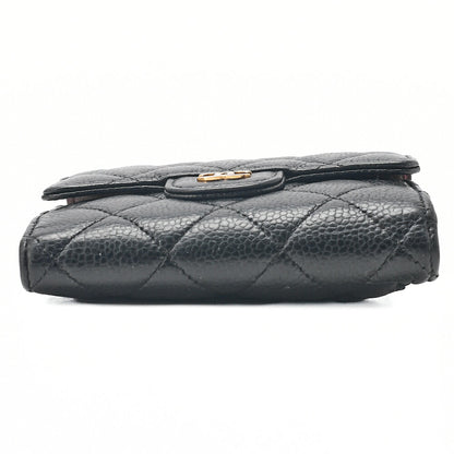 CHANEL Chanel Matelasse Tri-Fold Long Wallet Caviar Skin Black Gold-Tone Hardware, Pre-Owned