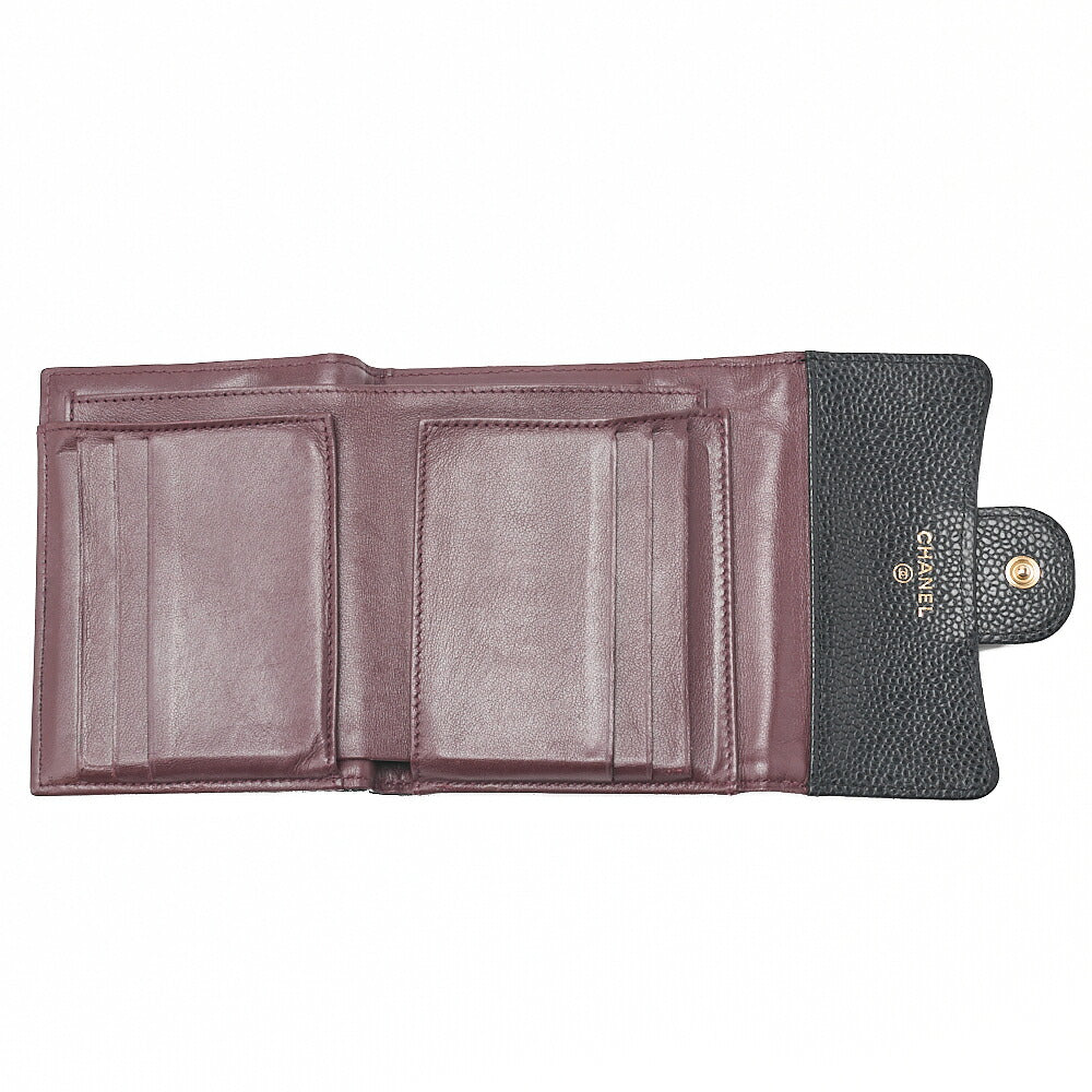 CHANEL Chanel Matelasse Tri-Fold Long Wallet Caviar Skin Black Gold-Tone Hardware, Pre-Owned