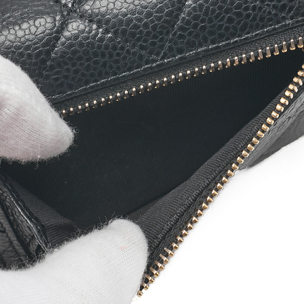 CHANEL Chanel Matelasse Tri-Fold Long Wallet Caviar Skin Black Gold-Tone Hardware, Pre-Owned