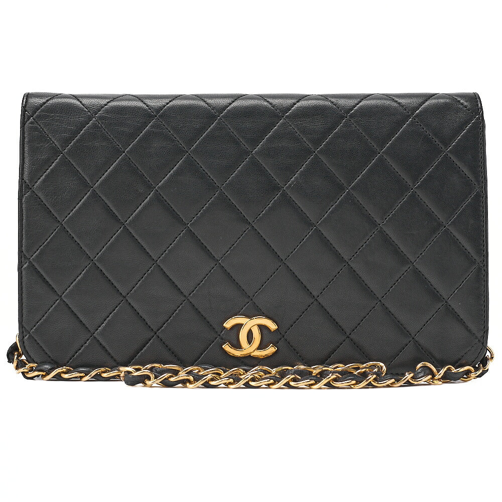 CHANEL Lambskin Matelasse Full Flap 23cm Push Lock Chain Shoulder Black Gold-Tone Hardware, Pre-Owned