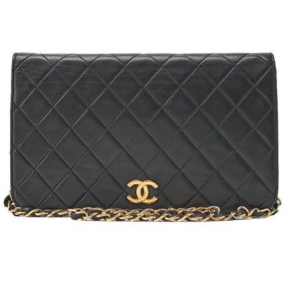 CHANEL Lambskin Matelasse Full Flap 23cm Push Lock Chain Shoulder Black Gold-Tone Hardware, Pre-Owned