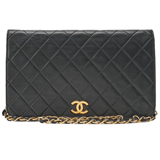 CHANEL Lambskin Matelasse Full Flap 23cm Push Lock Chain Shoulder Black Gold-Tone Hardware, Pre-Owned
