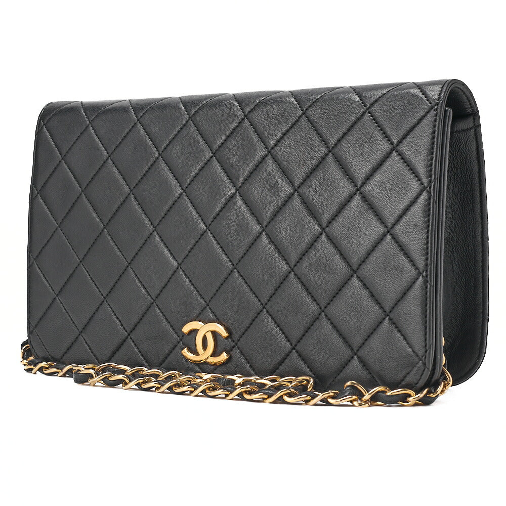 CHANEL Lambskin Matelasse Full Flap 23cm Push Lock Chain Shoulder Black Gold-Tone Hardware, Pre-Owned