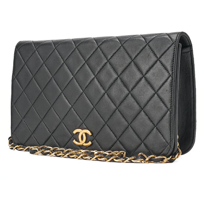 CHANEL Lambskin Matelasse Full Flap 23cm Push Lock Chain Shoulder Black Gold-Tone Hardware, Pre-Owned