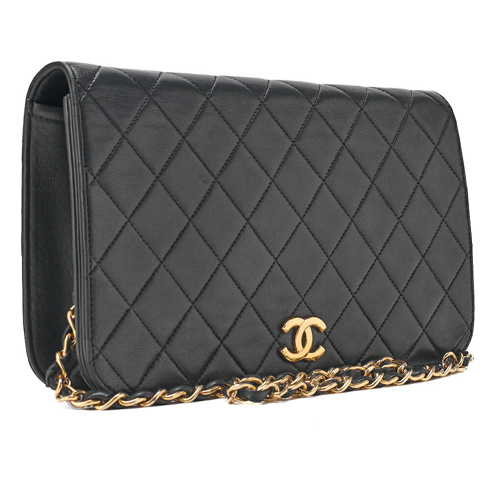 CHANEL Lambskin Matelasse Full Flap 23cm Push Lock Chain Shoulder Black Gold-Tone Hardware, Pre-Owned