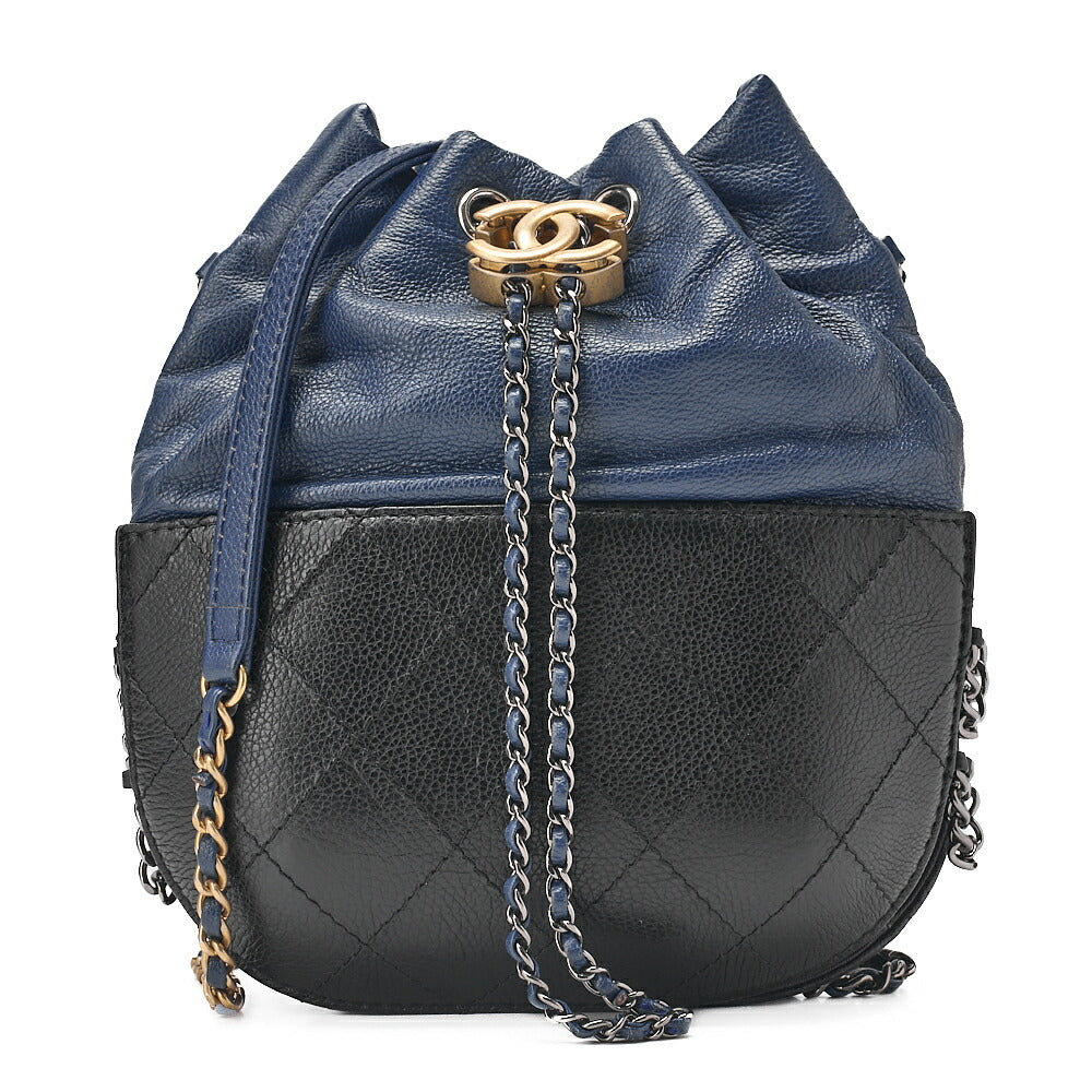 CHANEL Drawstring Matelasse Chain Shoulder Coco Charm Calfskin Navy x Black Silver x Gold -Tone Hardware, Pre-Owned