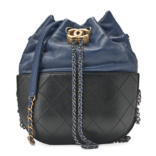CHANEL Drawstring Matelasse Chain Shoulder Coco Charm Calfskin Navy x Black Silver x Gold -Tone Hardware, Pre-Owned