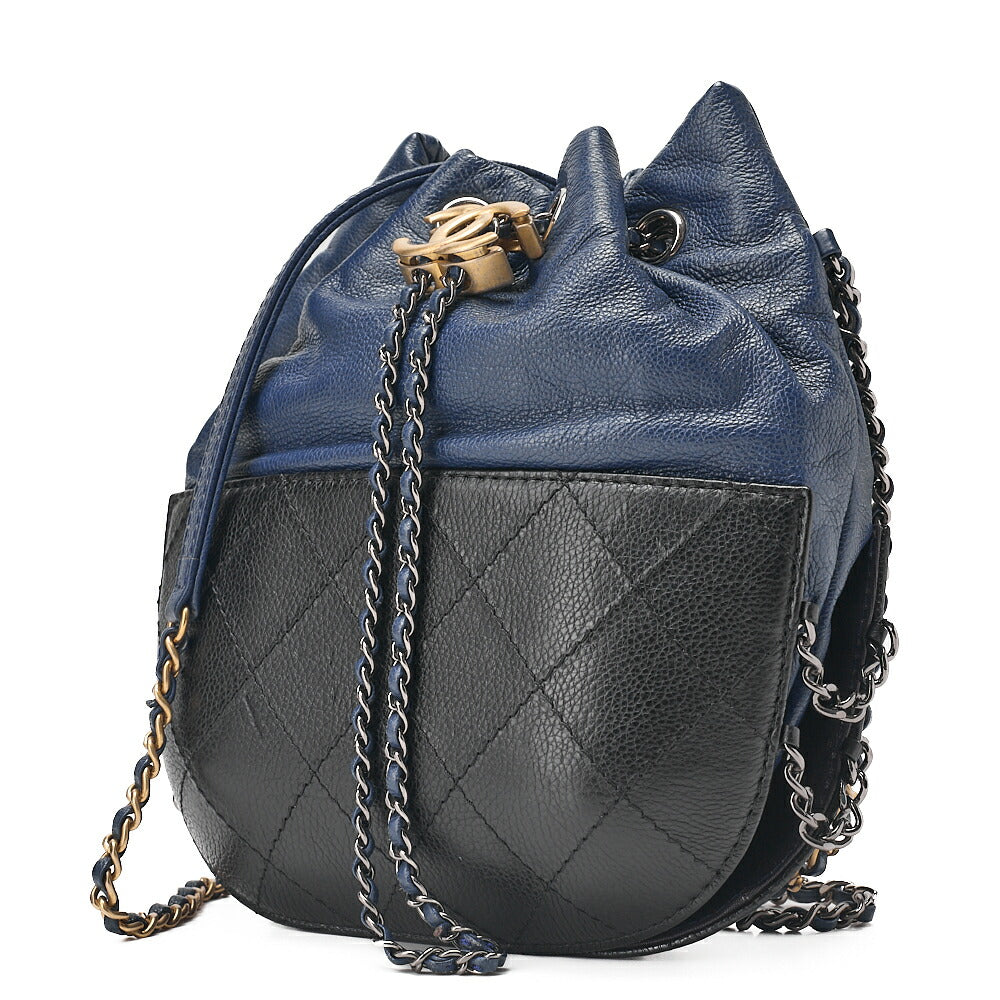 CHANEL Drawstring Matelasse Chain Shoulder Coco Charm Calfskin Navy x Black Silver x Gold -Tone Hardware, Pre-Owned