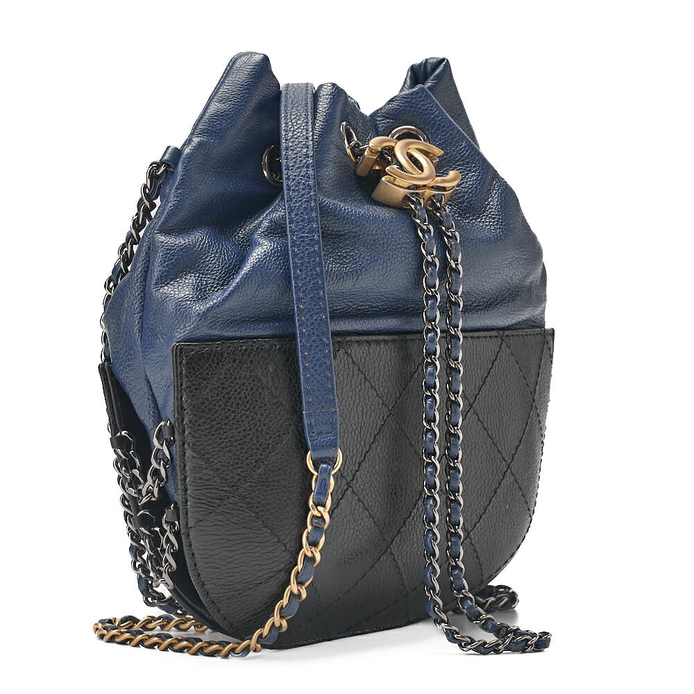 CHANEL Drawstring Matelasse Chain Shoulder Coco Charm Calfskin Navy x Black Silver x Gold -Tone Hardware, Pre-Owned