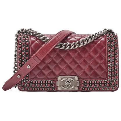 CHANEL Boy Chanel 25 Vintage Calf Chain Shoulder Luxury Line Bordeaux Gunmeta-Tone Hardware, Pre-Owned