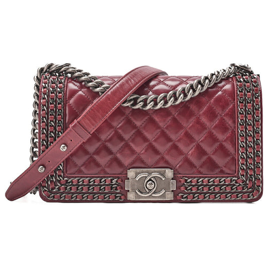 CHANEL Boy Chanel 25 Vintage Calf Chain Shoulder Luxury Line Bordeaux Gunmeta-Tone Hardware, Pre-Owned