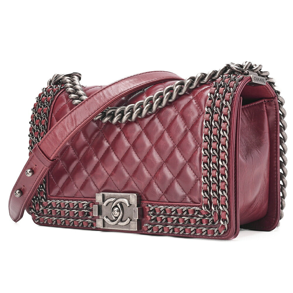 CHANEL Boy Chanel 25 Vintage Calf Chain Shoulder Luxury Line Bordeaux Gunmeta-Tone Hardware, Pre-Owned