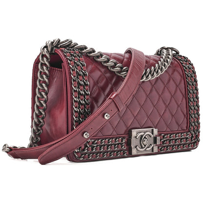 CHANEL Boy Chanel 25 Vintage Calf Chain Shoulder Luxury Line Bordeaux Gunmeta-Tone Hardware, Pre-Owned