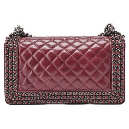 CHANEL Boy Chanel 25 Vintage Calf Chain Shoulder Luxury Line Bordeaux Gunmeta-Tone Hardware, Pre-Owned