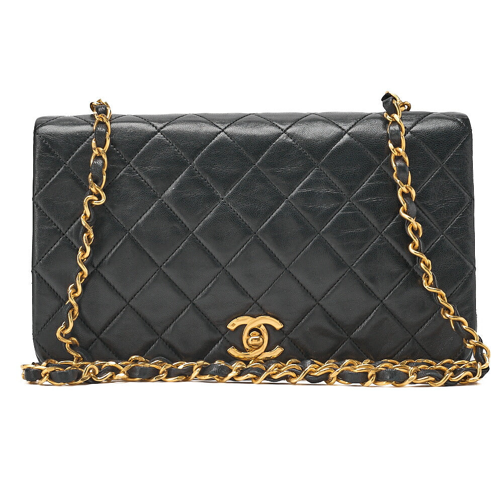 CHANEL Lambskin Matelasse Full Flap Turn Lock Chain Shoulder Black Gold-Tone Hardware, Pre-Owned