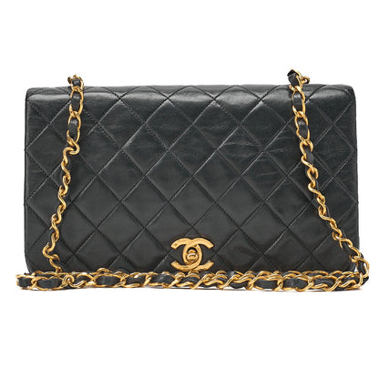 CHANEL Lambskin Matelasse Full Flap Turn Lock Chain Shoulder Black Gold-Tone Hardware, Pre-Owned