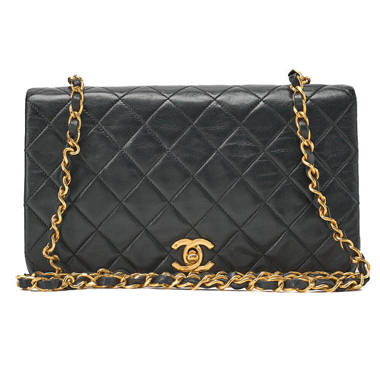CHANEL Lambskin Matelasse Full Flap Turn Lock Chain Shoulder Black Gold-Tone Hardware, Pre-Owned