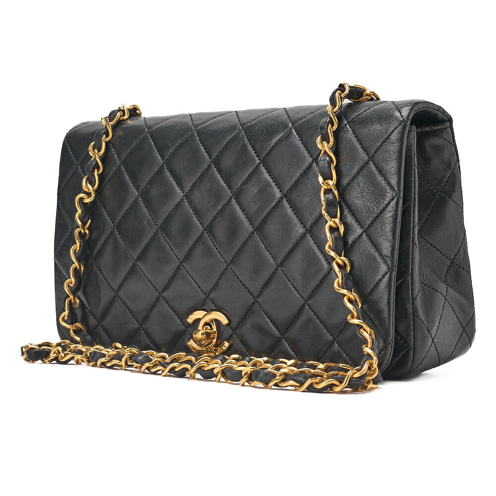 CHANEL Lambskin Matelasse Full Flap Turn Lock Chain Shoulder Black Gold-Tone Hardware, Pre-Owned