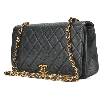CHANEL Lambskin Matelasse Full Flap Turn Lock Chain Shoulder Black Gold-Tone Hardware, Pre-Owned
