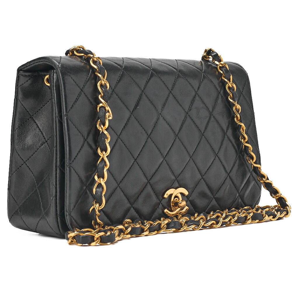 CHANEL Lambskin Matelasse Full Flap Turn Lock Chain Shoulder Black Gold-Tone Hardware, Pre-Owned