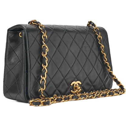 CHANEL Lambskin Matelasse Full Flap Turn Lock Chain Shoulder Black Gold-Tone Hardware, Pre-Owned