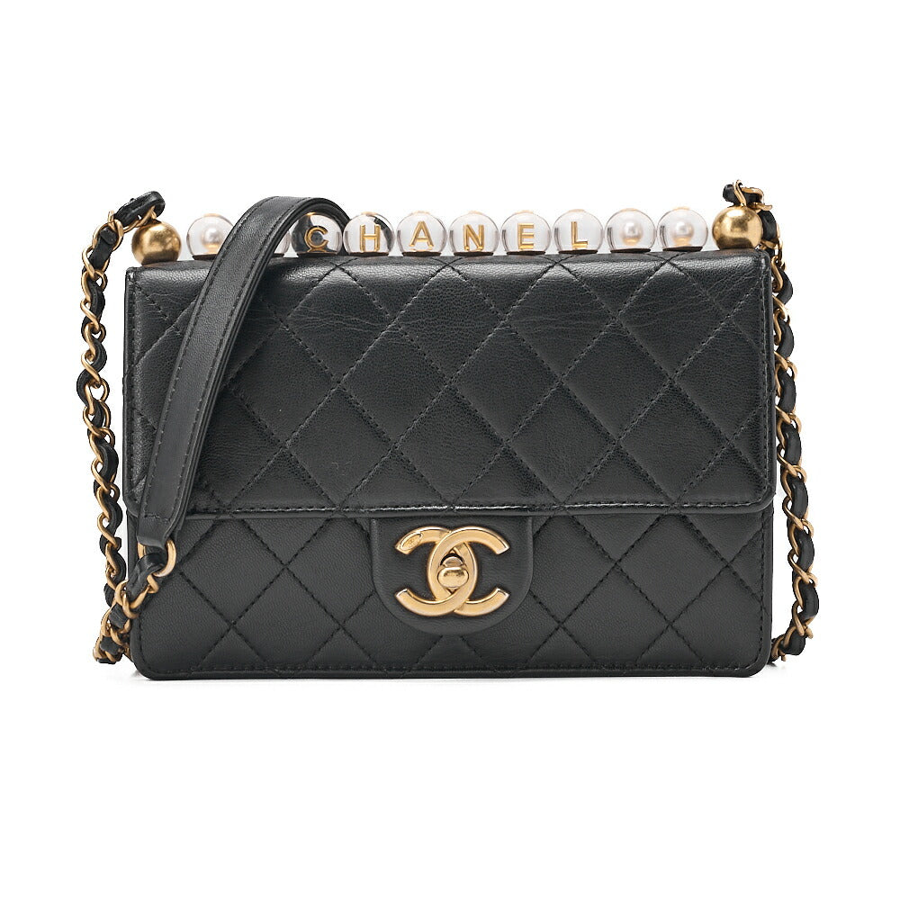 CHANEL Chain Shoulder Bag Matelasse Pearl Lambskin Black Gold-Tone Hardware, Pre-Owned