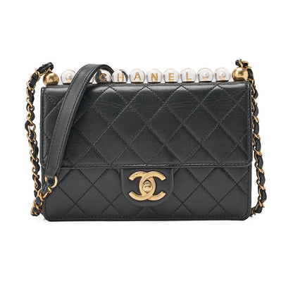 CHANEL Chain Shoulder Bag Matelasse Pearl Lambskin Black Gold-Tone Hardware, Pre-Owned