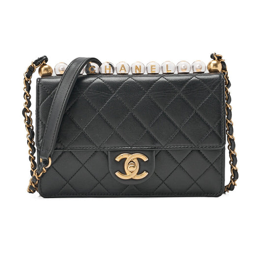 CHANEL Chain Shoulder Bag Matelasse Pearl Lambskin Black Gold-Tone Hardware, Pre-Owned