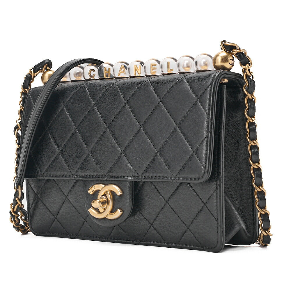 CHANEL Chain Shoulder Bag Matelasse Pearl Lambskin Black Gold-Tone Hardware, Pre-Owned