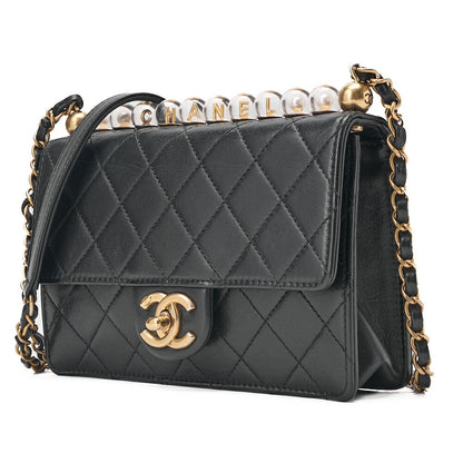 CHANEL Chain Shoulder Bag Matelasse Pearl Lambskin Black Gold-Tone Hardware, Pre-Owned
