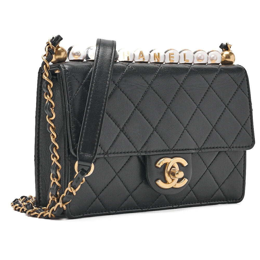 CHANEL Chain Shoulder Bag Matelasse Pearl Lambskin Black Gold-Tone Hardware, Pre-Owned