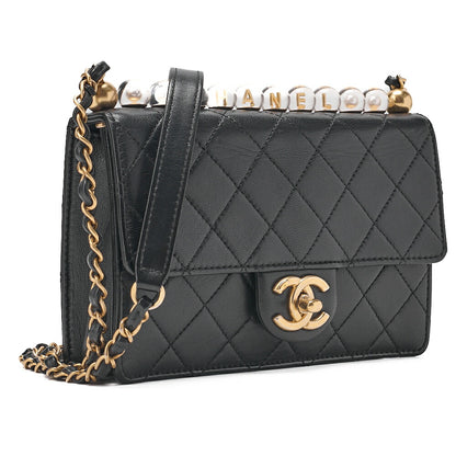 CHANEL Chain Shoulder Bag Matelasse Pearl Lambskin Black Gold-Tone Hardware, Pre-Owned