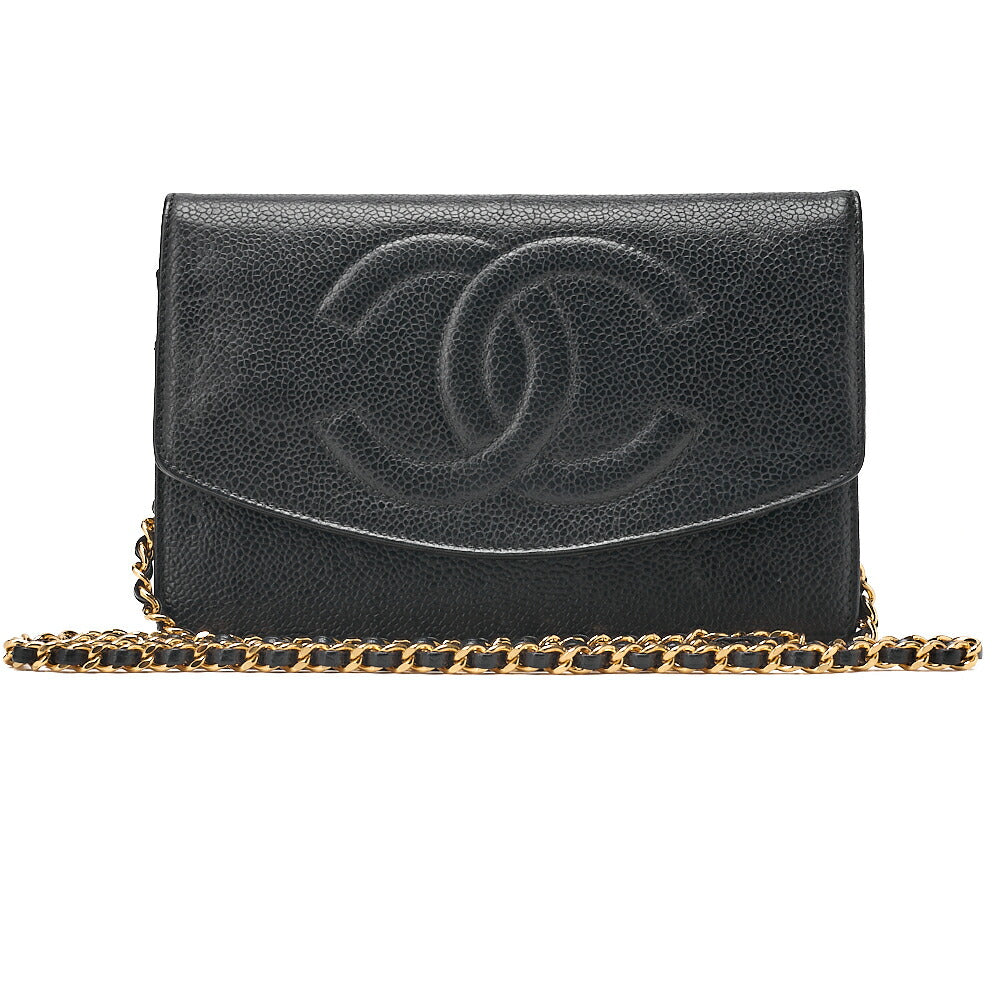 CHANEL Chain Shoulder Bag Coco Mark Chain Wallet Caviar Skin Black Gold-Tone Hardware, Pre-Owned