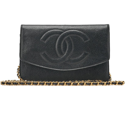 CHANEL Chain Shoulder Bag Coco Mark Chain Wallet Caviar Skin Black Gold-Tone Hardware, Pre-Owned