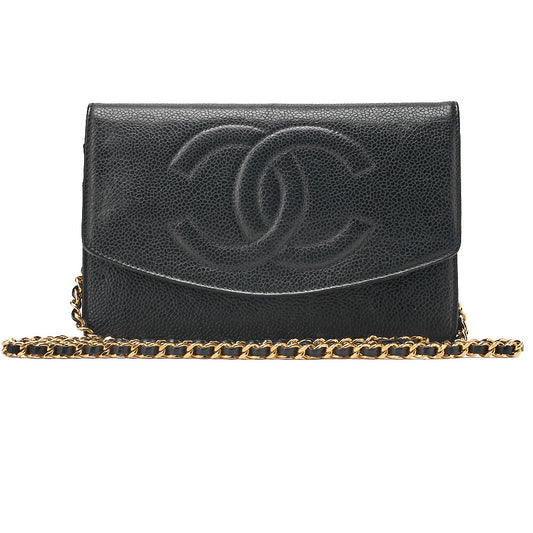 CHANEL Chain Shoulder Bag Coco Mark Chain Wallet Caviar Skin Black Gold-Tone Hardware, Pre-Owned