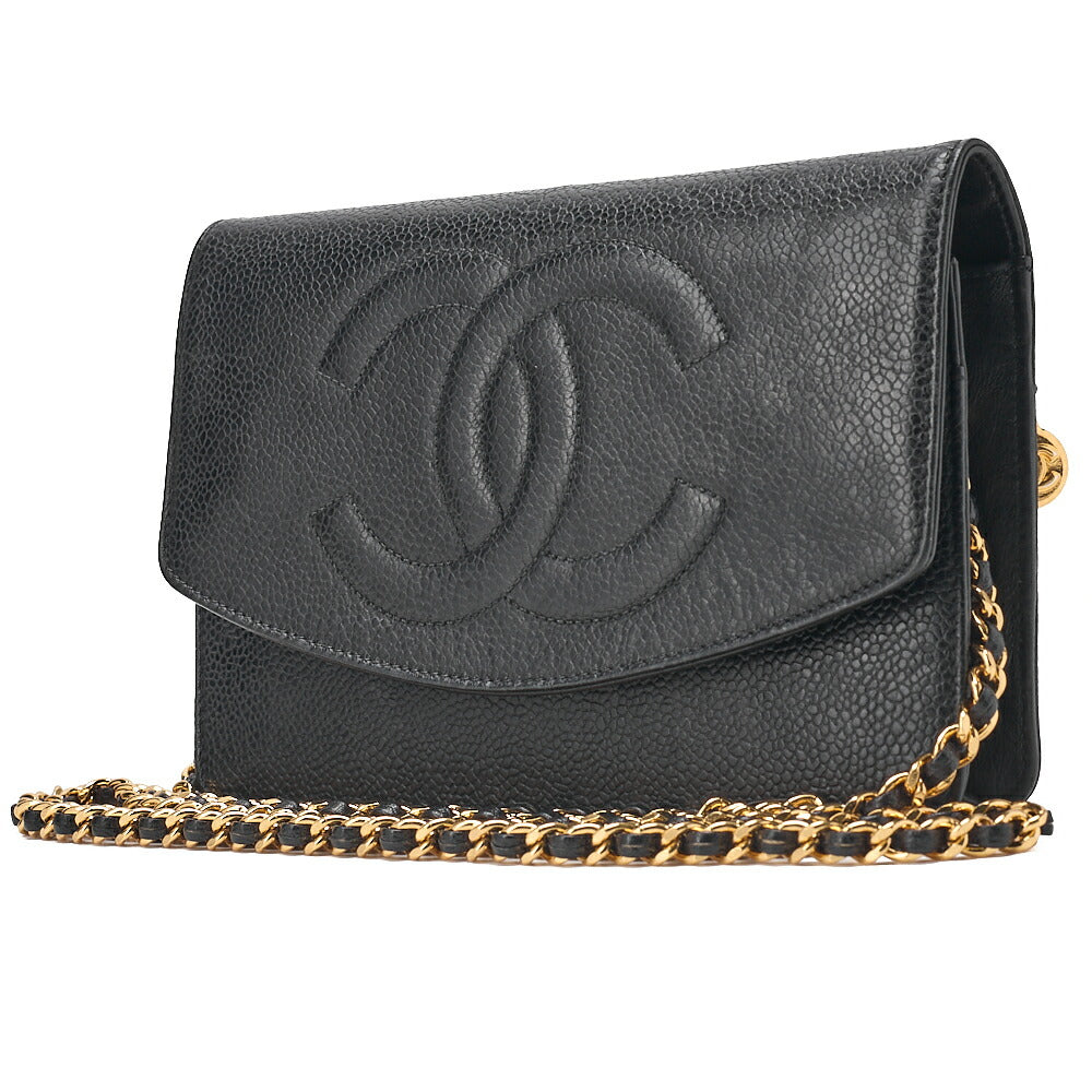CHANEL Chain Shoulder Bag Coco Mark Chain Wallet Caviar Skin Black Gold-Tone Hardware, Pre-Owned