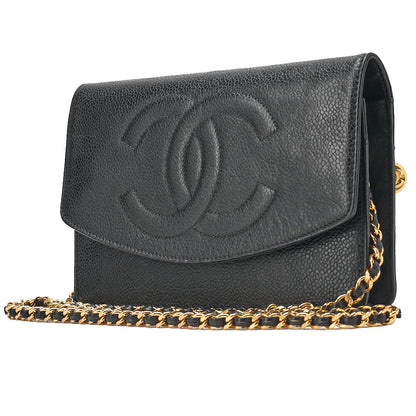 CHANEL Chain Shoulder Bag Coco Mark Chain Wallet Caviar Skin Black Gold-Tone Hardware, Pre-Owned