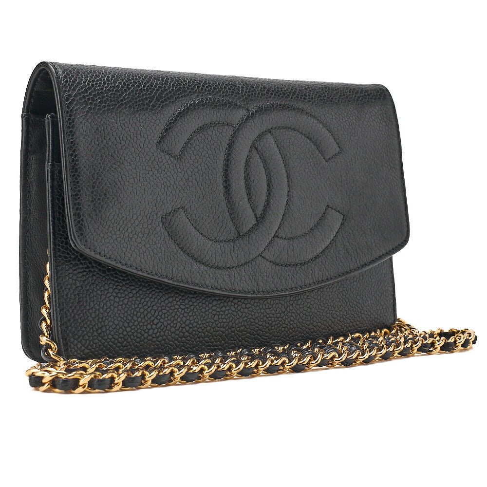 CHANEL Chain Shoulder Bag Coco Mark Chain Wallet Caviar Skin Black Gold-Tone Hardware, Pre-Owned