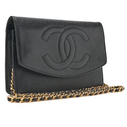 CHANEL Chain Shoulder Bag Coco Mark Chain Wallet Caviar Skin Black Gold-Tone Hardware, Pre-Owned