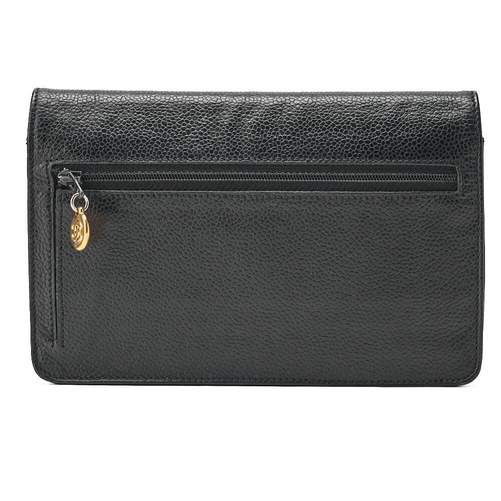 CHANEL Chain Shoulder Bag Coco Mark Chain Wallet Caviar Skin Black Gold-Tone Hardware, Pre-Owned