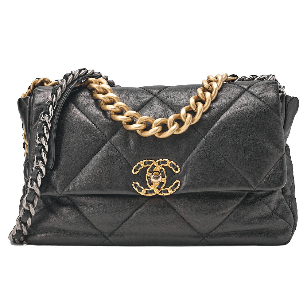 CHANEL Calfskin Matelasse Chanel 19 2-Way Chain Shoulder Black Gold x Silve-Tone Hardware, Pre-Owned