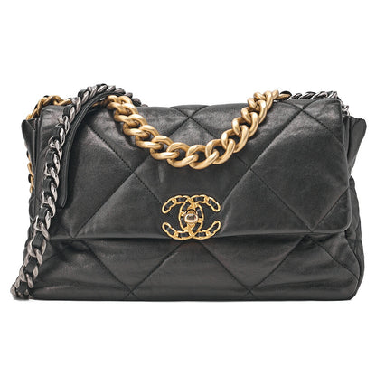CHANEL Calfskin Matelasse Chanel 19 2-Way Chain Shoulder Black Gold x Silve-Tone Hardware, Pre-Owned