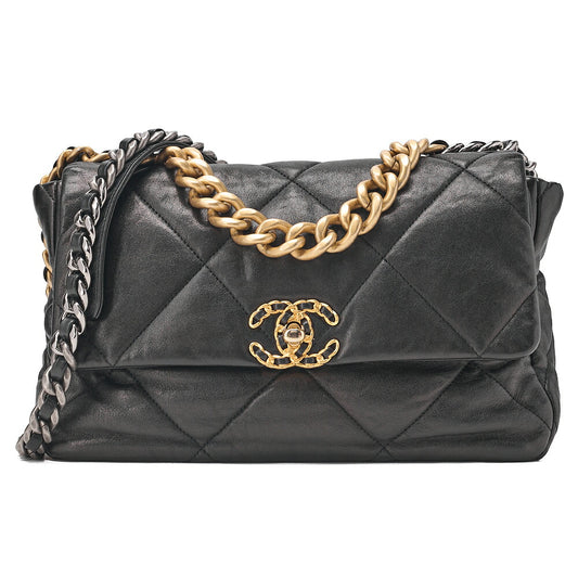 CHANEL Lambskin Matelasse Chanel 19 2-Way Chain Shoulder Black Gold x Silve-Tone Hardware, Pre-Owned