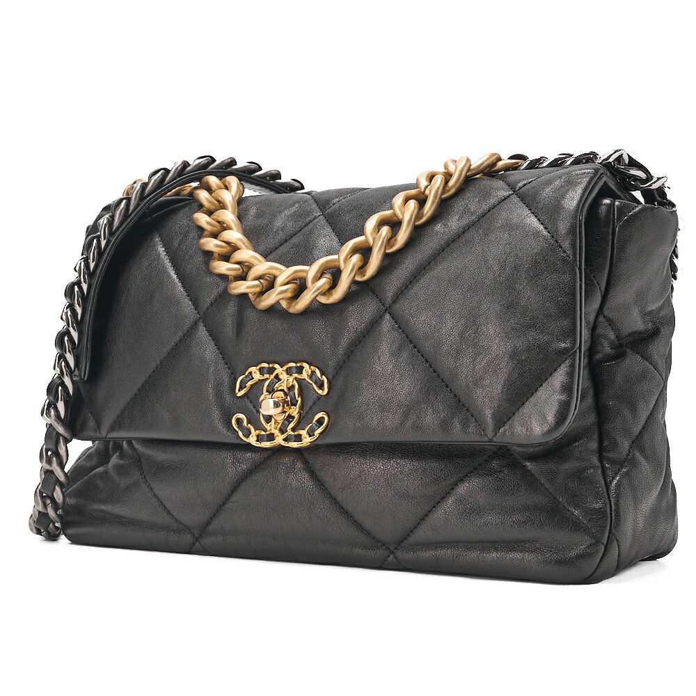 CHANEL Calfskin Matelasse Chanel 19 2-Way Chain Shoulder Black Gold x Silve-Tone Hardware, Pre-Owned