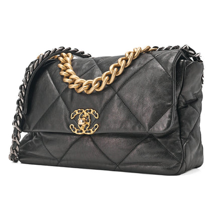 CHANEL Calfskin Matelasse Chanel 19 2-Way Chain Shoulder Black Gold x Silve-Tone Hardware, Pre-Owned