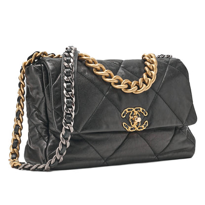 CHANEL Calfskin Matelasse Chanel 19 2-Way Chain Shoulder Black Gold x Silve-Tone Hardware, Pre-Owned